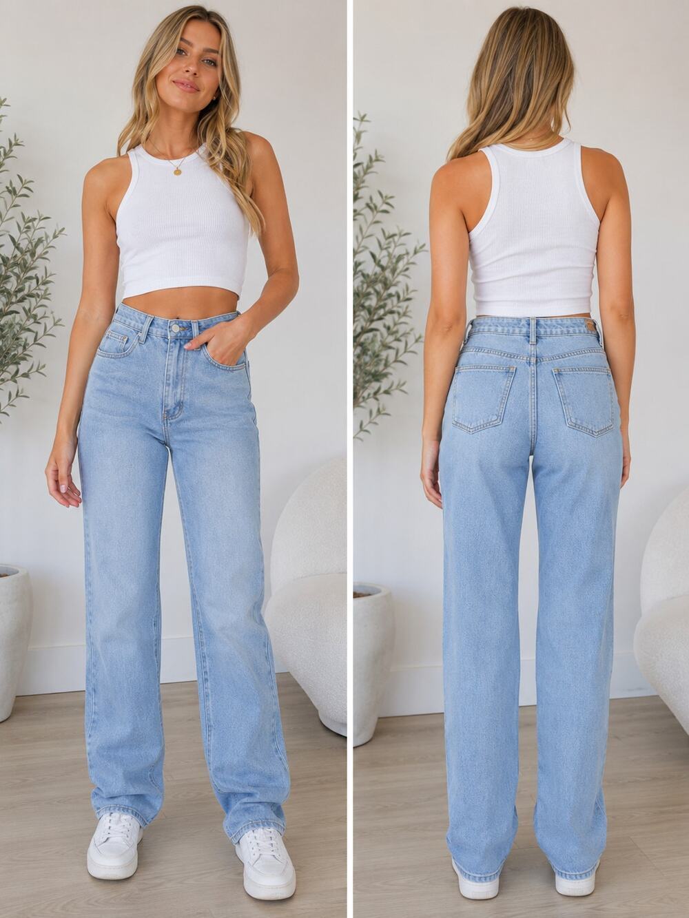 PrettyLittleThing Light Wash High Waist Straight Leg Jeans US 8 Tall